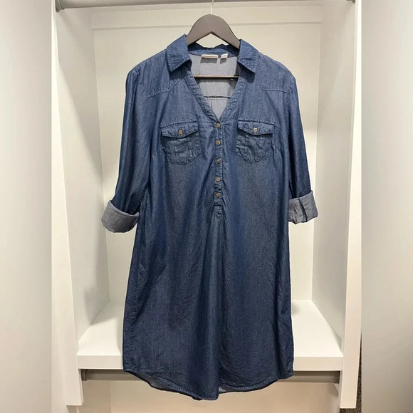 Westport 1962 Chambray Denim Blue Dress Long Sleeve Quarter Button Medium - Picture 5 of 9